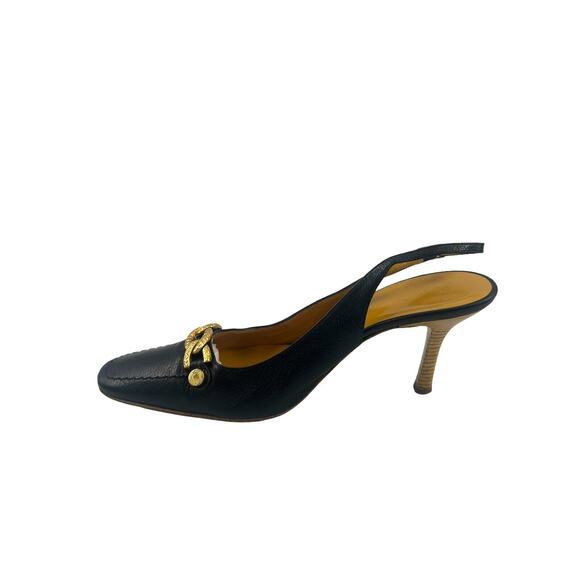 St. John Collection Italian black slingback high heels w/gold chain accents Sz 7 - Picture 11 of 16
